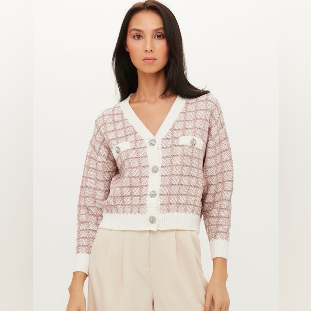Love Republic Pink Plaid V-Neck Cardigan with Jewel Buttons - XS